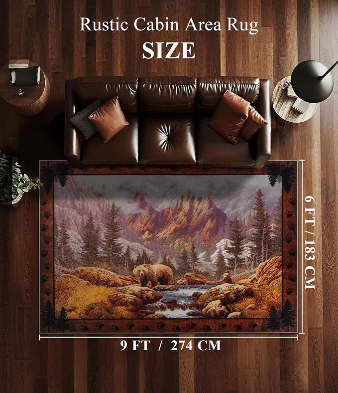 YIHOUSE Rustic Cabin Area Rug for Bedroom 6x9,Machine Washable Woodland Bear Rug,Non-Slip Low Pile Print Pattern Wildlife Rug for Living Room