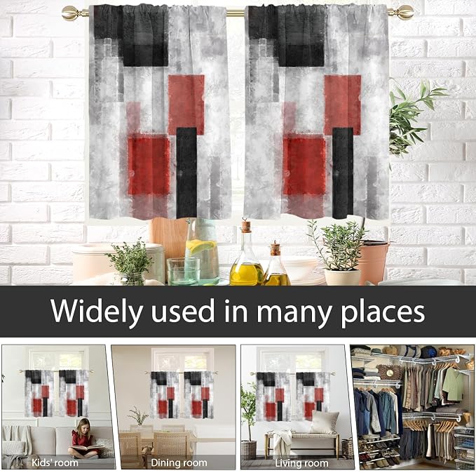 AAtter Red and Black Window Curtains for Kitchen White Grey Gray Abstract Art Aesthetic Small Short Home Living Room Bedroom Bathroom Drapes Treatment Tiers Fabric 1 Pair, 27.5" W x 39" L, Modern