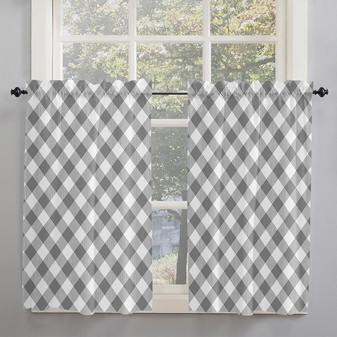 54 Inch Long Tier Curtains for Kitchen, Pastoral Style Grey Lattice Bathroom Window Curtains Rod Pocket Short Curtains Window Treatment Tiers for Living Room Farmhouse 2 Panels