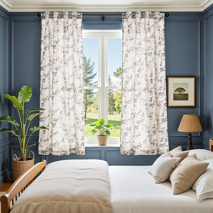 jinchan Black Floral Linen Curtains 63 Inch Rustic Drapes Back Tab 2 Panels | Black on beige, light filtering, semi sheer, farmhouse, country, privacy, flower, bedroom, living room, window treatment
