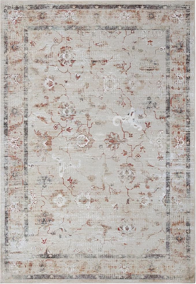 Superior Floral Scroll Washable Runner Rug, Cotton Backing, Carpet for Dining Table Mud Room, Non-Slip Rug for Hallway, Entry, Kitchen, Low Pile Area Rug, Swan Collection, 7' x 10', Cream