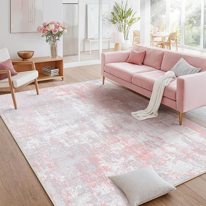 RELEANY Washable Area Rugs 6'x9' Non-Slip Modern Abstract Soft for Living Room Entryway Bedroom Kitchen, Print Pattern, Grey Pink