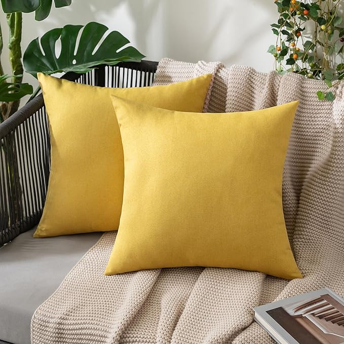 MIULEE Pack of 2 Decorative Outdoor Solid Waterproof Throw Pillow Covers Faux Linen Garden Farmhouse Cushion Cases for Summer Patio Tent Balcony Couch Sofa 18x18 Inch Yellow