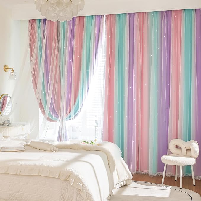 XiDi Rainbow Blackout Curtains 102 Inches Long for Girls Bedroom Room Darkening Colorful Kids Girly Curtains Unicorn Princess Theme Decor Grommet Window Drapes 2 Panels Pink Purple Green W42 x L102