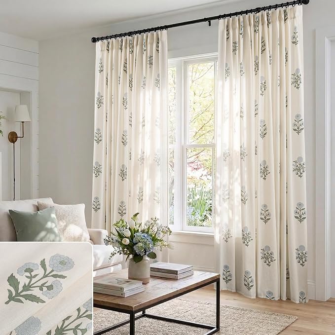 102 Inch Long Vintage Floral Sheer Linen Curtains for Living Room, Floor to Ceiling Extra Long Light Filtering Pinch Pleated Curtain Drapes for Windows