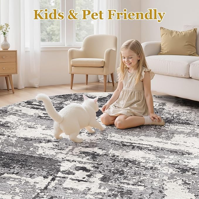 Area Rugs for Living Room: 12x12 Abstract Washable Rug Modern Neutral Large Soft Stain Resistant Non-Slip Backing Machine Table for Bedroom Dining Room Indoor Home Office Carpet - Black Grey