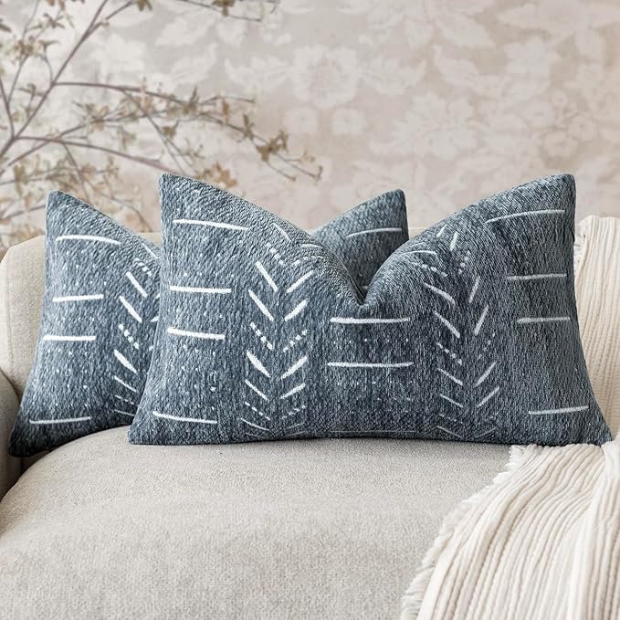 Home Décor Decorative Boho Chenille Throw Pillow Covers Neutral Lumbar Cushion Covers Textured Soft Farmhouse Pillowcase for Couch Sofa Chair Bed Living Room, 12×20 Inch, Set of 2, Dusty Blue