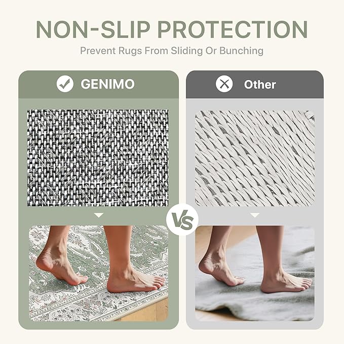 GENIMO 5X7 Washable Vintage Area Rugs for Living Room, Non-Slip Low Pile Chenille Print Rug, Soft Rugs for Bedroom Dining Room Home Office, Sage & Linen
