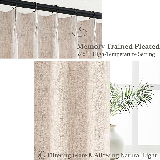 PleatedDrapes Custom Curtains for Living Room 2 Pages, Linen Curtains 102 Inches Long for 100-103 Inch Large Windows Light Filtering Formal Pinch Pleated Flowy Sheer Lightweight Sand Beige W40 xL102