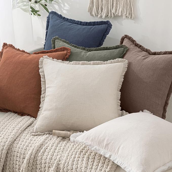 MIULEE Decorative Throw Pillow Covers Neutral Linen Fringe Throw Pillows Set of 2 Malt Ball Boho Farmhouse Cushion Covers with Tassels for Couch Sofa Bed Living Room Fall Decor 18x18 Inch