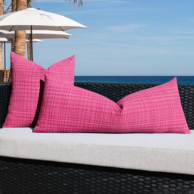 Kevin Textile Outdoor Waterproof Throw Pillow Covers 14x36 Inch Pack of 1 Woven Faux Linen Decorative Water Resistant Long Body Lumbar Cushion Covers for Tent Patio Garden Couch Sofa Hot Pink