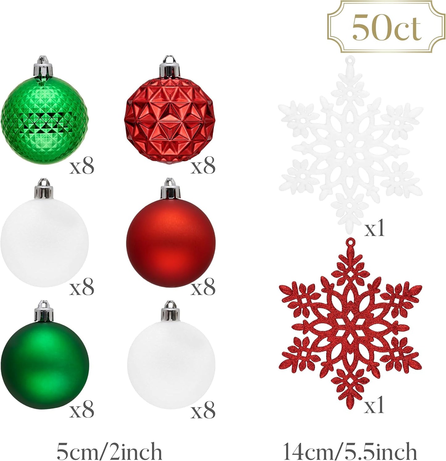 Valery Madelyn Christmas Tree Decorations Ornament Set for Fall Halloween, 50ct 2 Inches Red Green and White Shatterproof Christmas Ball Ornaments Hanging Xmas Holiday Party Decor