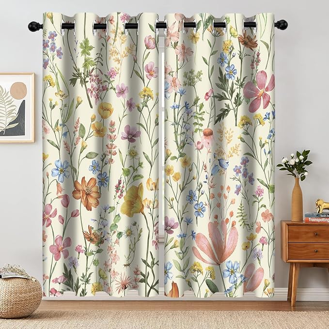 Floral Blackout Curtain, Colorful Wildflower Vintage Botanical Aesthetic Window Curtains Living Room Bedroom Decor Darkening Window Drapes Treatments, 2 Panels 52x84 Inch