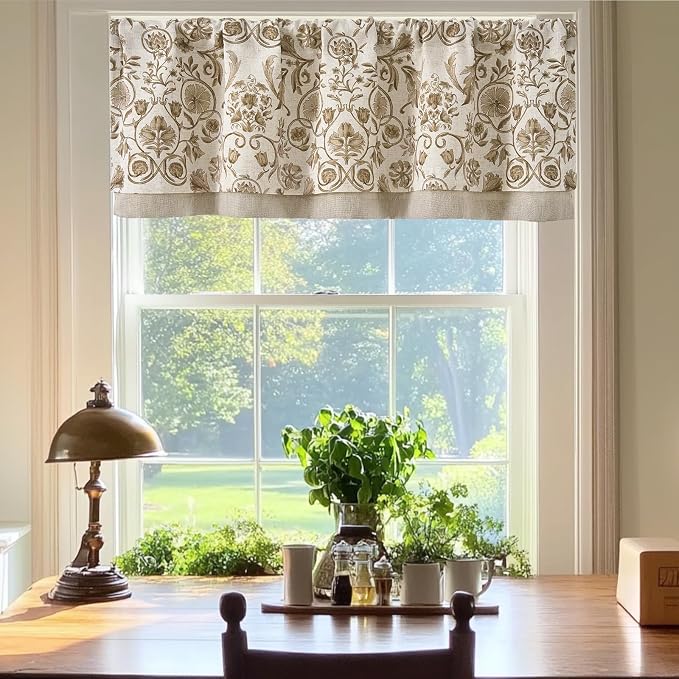 jinchan Linen Valance Kitchen Curtain for Windows Double Layer 16 Inch for Living Room Bedroom Window Treatment Light Filtering Vintage Rustic Farmhouse Cottagecore Rod Pocket 1 Panel Taupe on Beige