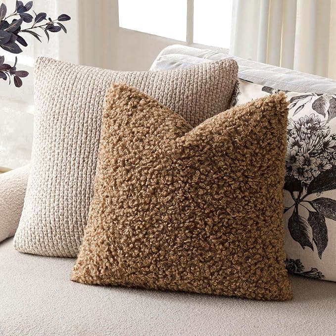 Foindtower 2 Pieces 16x16 Inch Dark Bronze, Faux Fur Throw Pillow Cover Accent Sherpa Furry Pillow Covers Fuzzy Soft Pillowcases Cozy Sheepskin Decorative Fleece Cushion Case for Bed Couch Living Room