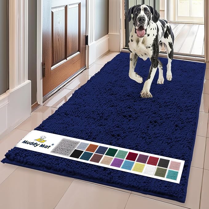 Muddy Mat® | Super Water Absorbent Door Mat Indoor, Microfiber Quick Dry Chenille Entryway Rug, Slip Resistant Front Door Mat, Indoor Mats for Entryway, Machine Washable Pet Rug, Navy Blue 24"x120"
