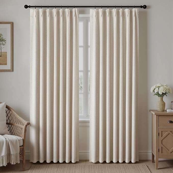 Pinch Pleated Look Blackout Curtains 84 Inch Length, 2 Panels Linen Textured Boho Neutral Drapes for Living Room Bedroom Farmhouse Vintage Rustic Window Curtains with Hooks