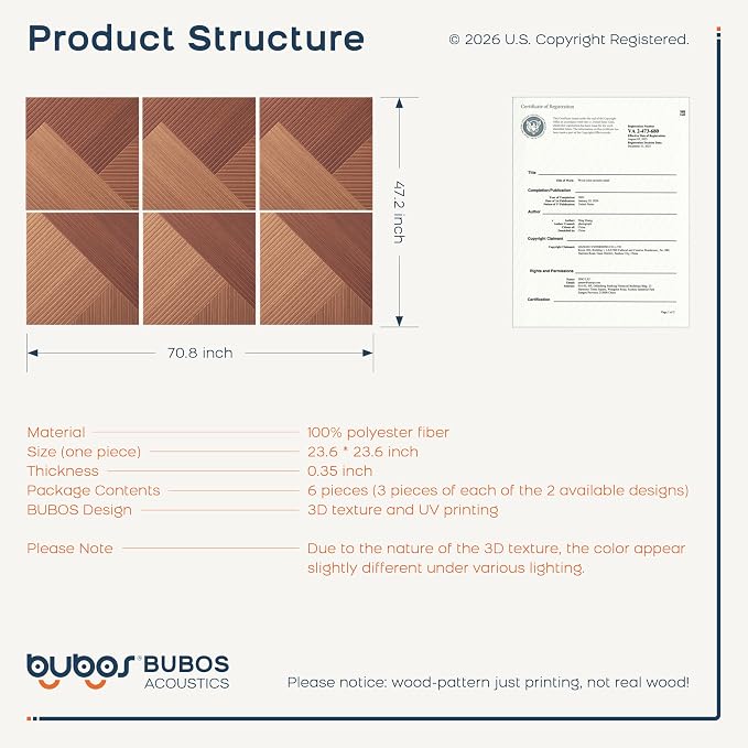 BUBOS 6 Pack Acoustic Wall Panels - High-Density Polyester Sound Absorbing Panels, Decorative Wood Print Treatment for Recording Studio & Home Office, Peel and Stick, 23.6" x 23.6"
