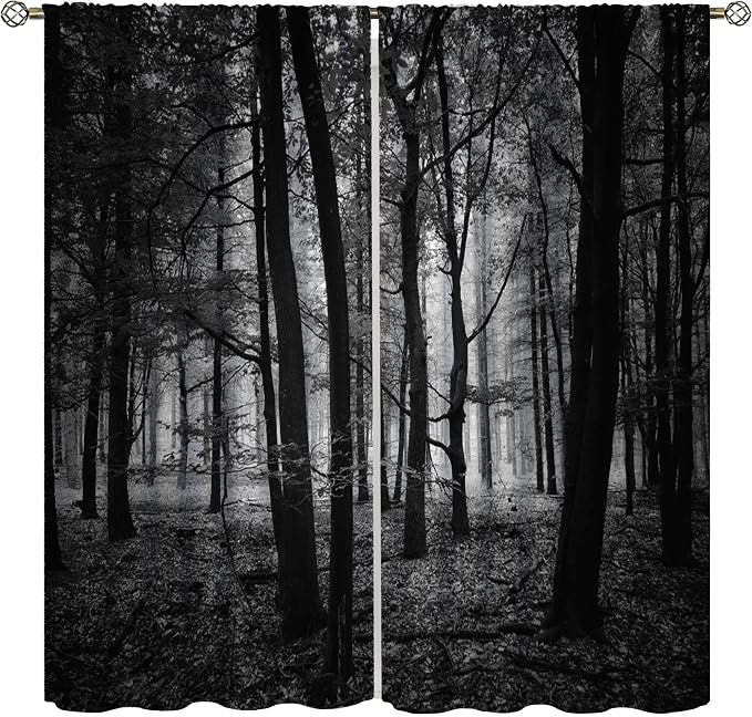 Forest Blackout Curtains,Gothic Natural Scenery Fantasy Dark Black Misty Foggy Mysterious Forest Woodland Tree Art Printed Windows Treatments Rod Pocket Drapes For Living Room Bedroom Kitchen 72x63in
