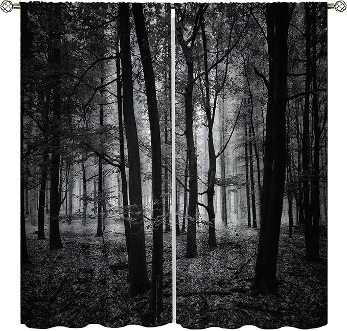 Forest Blackout Curtains,Gothic Natural Scenery Fantasy Dark Black Misty Foggy Mysterious Forest Woodland Tree Art Printed Windows Treatments Rod Pocket Drapes For Living Room Bedroom Kitchen 55x63in