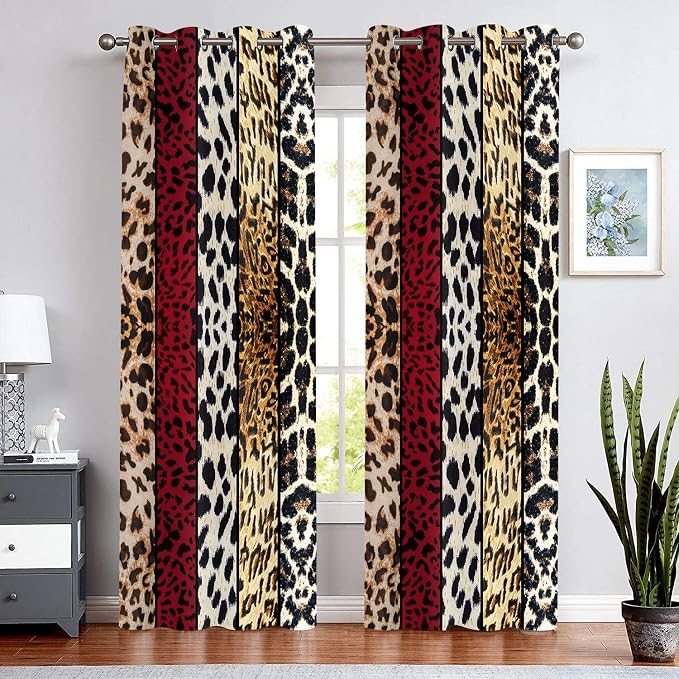 Wild Animal Print Curtain, Room Darkening Thermal Insulated Blackout Leopard Boa Window Drapes with Grommets for Living, Dining, Bedroom, Red Leopard Print, 42"x 84", 2 Panels
