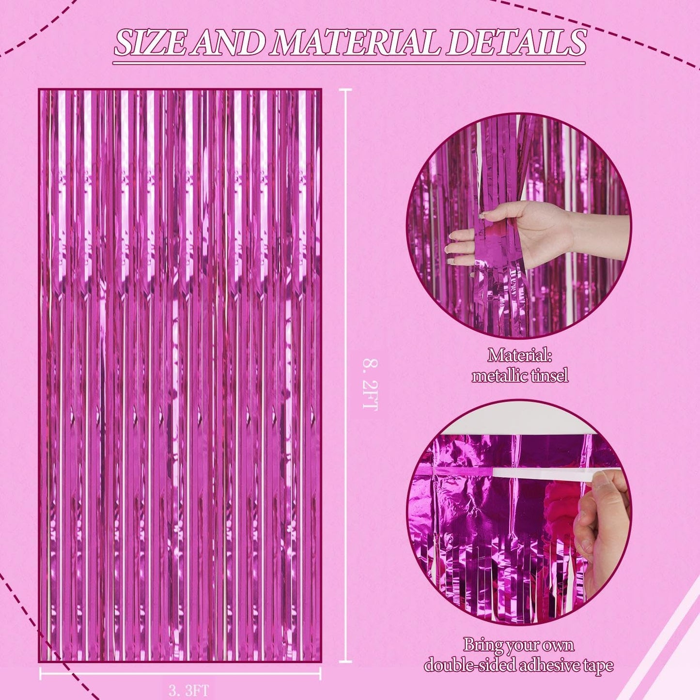 3 Pack Foil Fringe Backdrop - Hot Pink Shiny Tinsel Curtains for Party Decoration/Photo Booth Props - 3.3x8.2 FT Metallic Foil Backdrop for Birthday, Wedding, Graduation, Christmas.