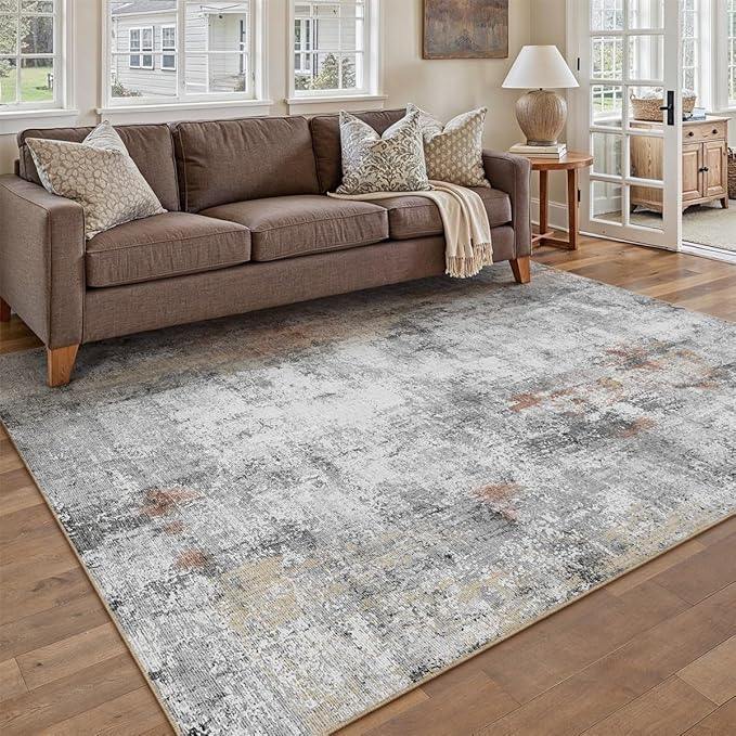 5x7 Washable Area Rug Rust Grey Abstract Non Slip Soft Low Pile Rug for Living Room Bedroom Dining Room Office Neutral Modern Indoor Throw Carpet for Home Decor