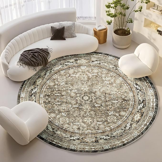 OPPODREAM Vintage Brown Round Rug 8ft, 8 ft Retro Washable Circle Rug Non Slip, Low-Pile Faux Wool Circular Carpet, Distressed Floor Mat for Living Room, Bedroom, Office, Dorm, Dinning Room