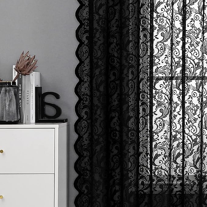 Bujasso Black Lace Sheer Curtains Vintage Floral Sheer Window Curtain Panels for Living Room Bedroom Luxury Light Filtering Drapes Black Window Treatment Sets Grommet Top 2 Panels 54" Wx95 L
