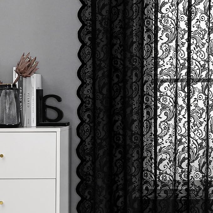 Bujasso Black Lace Curtain 216 inches Long for Living Room Bedroom Vintage Floral Extra Long Window Scarf Valance 1 Panel 52" Wx216 L