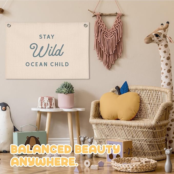 Ocean Nursery Decor, Stay Wild Ocean Child Wall Linen Canvas Banner, Coastal Beach Wall Decor for Kids Boys Girls Toddler Nursery Room Bedroom Playroom 30x20 Inch