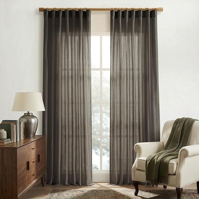 XTMYI Brown Linen Sheer Curtains for Living Room,Pleated Back Tab Light Filtering Curtain Drapes 90 Inches Long 2 Panels Set