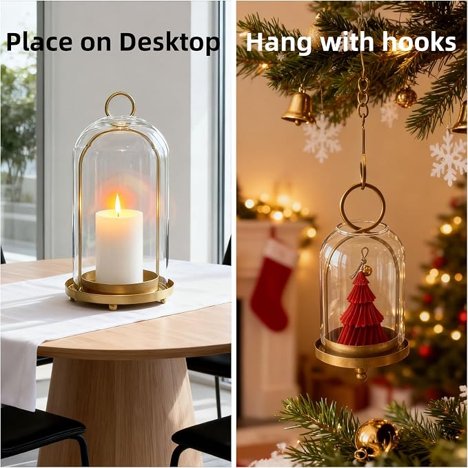 3 Pack Metal Candle Holders with Glass Dome, 5.5" & 4.7" & 3.9" Wide Gold Candlestick Holders Set, Versatile Hurricane Lanterns Candleholders for Pillar Candle, Decorative Glass Display Dome Stands