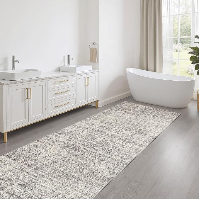 Runner Rug Non-Slip Kitchen Rug: 3x10 Washable Abstract Modern Soft Stain Resistant Indoor Floor Neutral Accent Throw Carpet for Hallway Bathroom Laundry Room Bedroom Entryway- Brown Gray