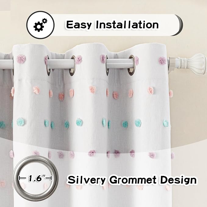 MYSKY HOME Total Blackout Curtains for Kids Bedroom 80 Inch Long 100% Light Blocking Curtains for Living Room 2 Panels Room Darkening Grommet Double Layer Drapes with Rainbow Pom Pom Sheer 52W x 80L