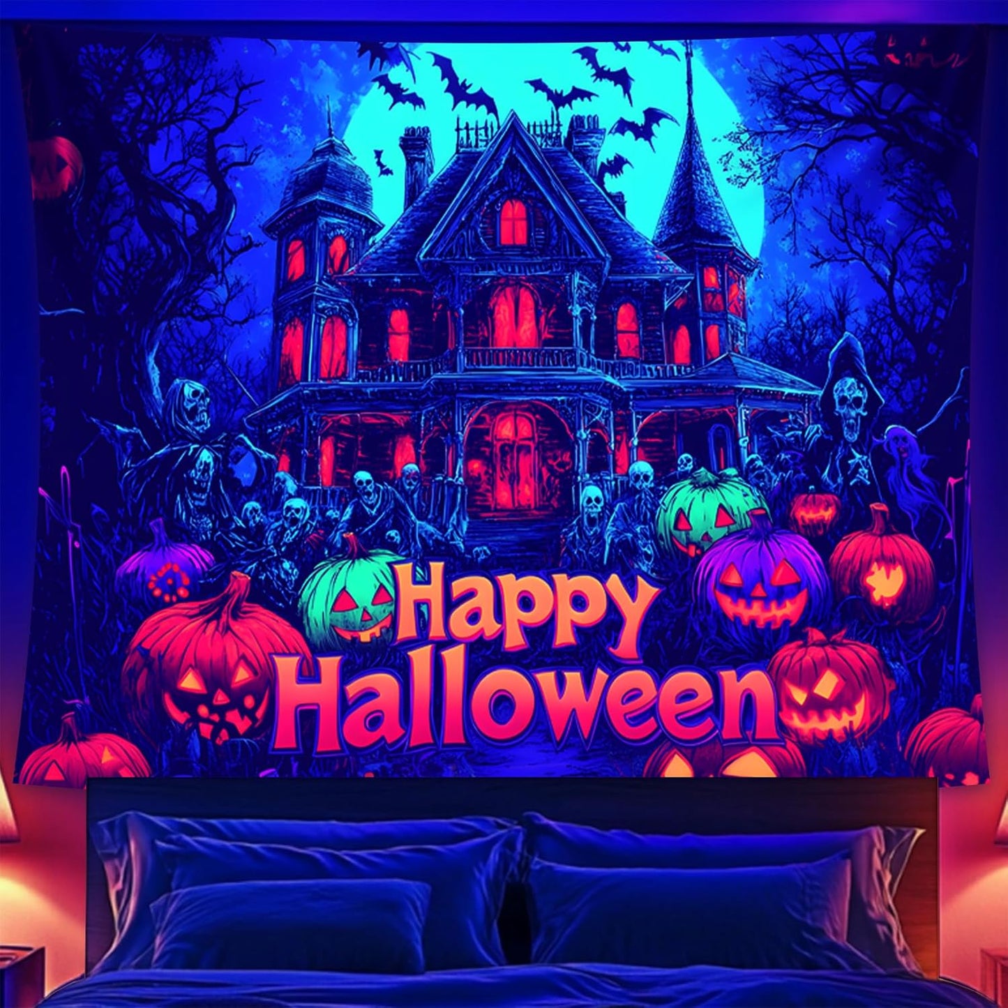 Halloween Tapestry, Blacklight Tapestry for Halloween Party Decor Hanging Tapestries Backdrop Wall Art Poster for Bedroom Dorm 90x70in