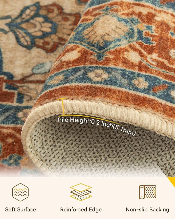 RELEANY Area Rugs Square 10ft Washable Non-Slip, Floral Vintage Distress Medallion Carpet for Living Room Bedroom Dining Room, Red Orange Blue Brown