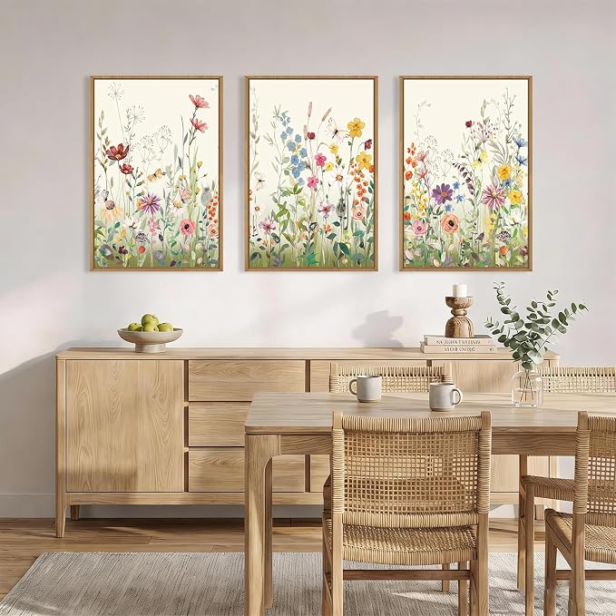 Large Watercolor Colorful Wildflower Framed Canvas Wall Art Set,Modern Natural Floral Botanical Wall Decor,Vibrant Flower Butterfly Landscape Artwork for Living Room, Bedroom,Office- 24"x36"x3