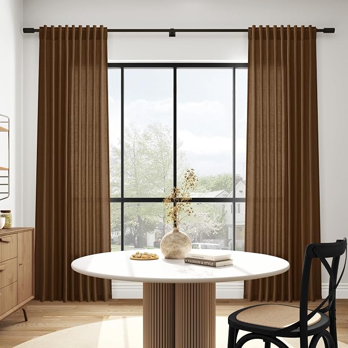 Nanspring Tobacco Brown Linen Curtains 72 inch Length for Living Room Back Tab Rod Pocket Semi Sheer Modern Farmhouse Coastal Decor Cotton Textured Gauze Curtain for Dining Room Office 52x72