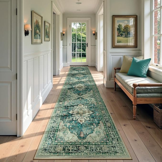 RELEANY Area Rugs Runner 2'x9' Washable Non-Slip, Floral Vintage Distress Medallion Carpet for Kitchen Hallway Bedroom Beside Laundry Room Bathroom, Dark Blue Vintage