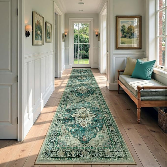 RELEANY Area Rugs Runner 2'6"x14' Washable Non-Slip, Floral Vintage Distress Medallion Carpet for Kitchen Hallway Bedroom Beside Laundry Room Bathroom, Dark Blue Vintage