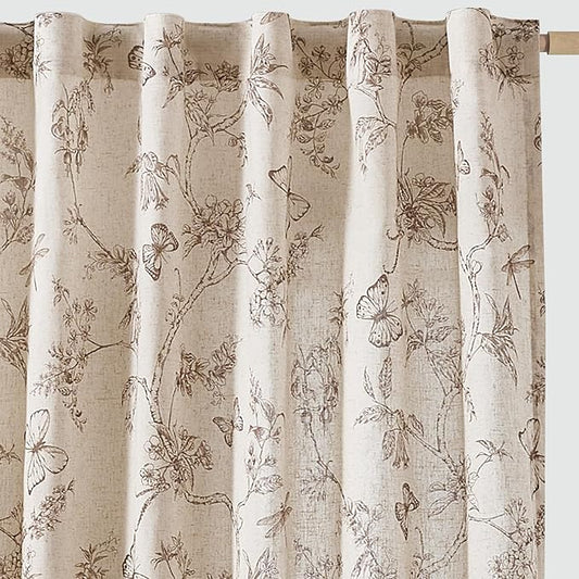 jinchan Floral Linen Curtains for Living Room 96 Inch Length Butterfly Curtains Taupe French Country Farmhouse Flower Patterned Drapes Back Tab Rod Pocket Set 2 Panels