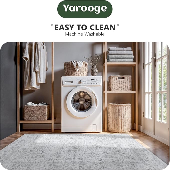 6x9 Area Rugs, Washable Vintage Retro Floral Rug for Living Room, Low Pile Non Slip Distressed Large Carpet for Bedroom, Dining Room, Office, Home (Grey)