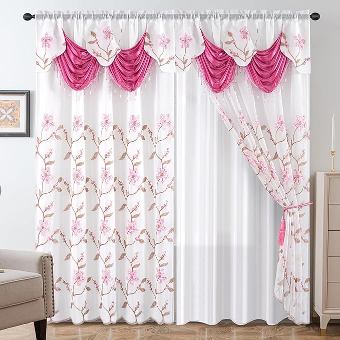 Petrichor Embroidered Sheer Curtain 2 Panels Set - Luxury Window Curtain Attached Valance with Satin Backing and 2 Tie Backs for Living Room,Dining Room, 54x95 inches, Rose