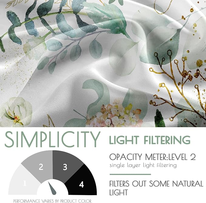 Gold Green Botanical Curtains 96 Inches Long for Living Room Eucalyptus Leaves Light Filtering Curtains Sage Green White Floral Drapes for Bedroom Farmhouse Leaf Flower Printed Door Curtain