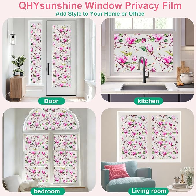 Window Privacy Film Stain Glass Window Film Rainbow Window Film Window clings Non-Adhesive Reusable Decorative for Room (Frosted Magnolia, 35.4 X 78.7 in)