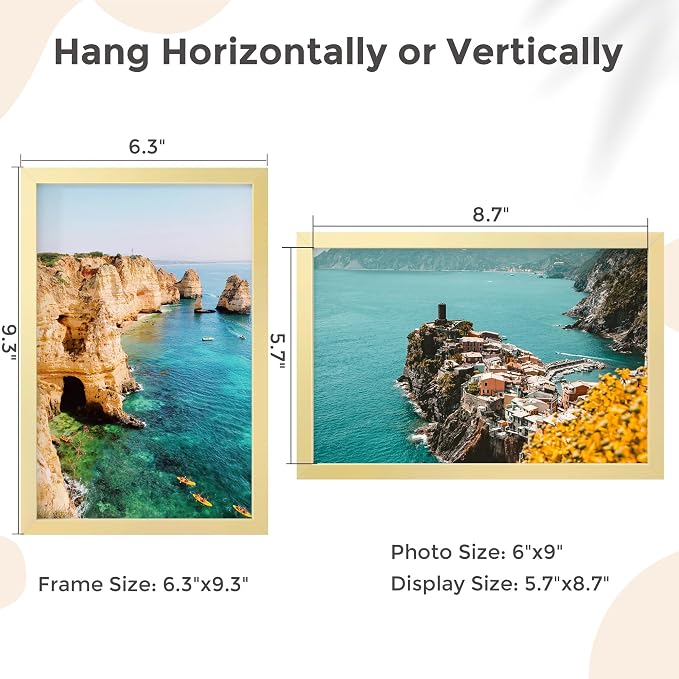 FLYJOE 6x9 Metal Picture Frame - Gold Aluminum Picture Frames with Real Glass, Wall Mounting Horizontally or Vertically, Simple and Elegant Decor for Wall Gallery Poster Photo 9x6 Frames, Gold