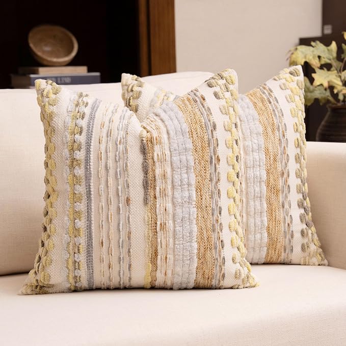 Boho Chenille Tufted Throw Pillow Covers 18x18 Inch Set of 2 Farmhouse Yellow Woven Striped Decorative Pillowcases for Couch Sofa Bed