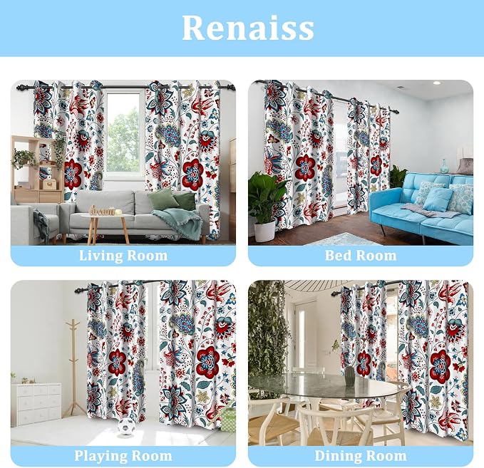 Renaiss Boho Floral Blackout Curtains, Bohemian Flower Plant Print Thermal Insulated Bedroom Window Curtains, Botanical Art Window Drapes for Living Room, 96" L x 53" W 2 Panel Set