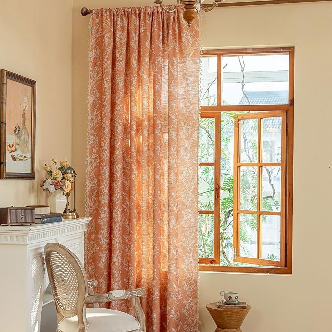 OYX Orange Floral Curtains 63 Inch Long 2 Panels, French Vintage Farmhouse Patterned Decor Window Drapes with Tassels, Girls Semi-Sheer Light Filtering for Bedroom Living Room (Rod Pocket, 52Wx84L)